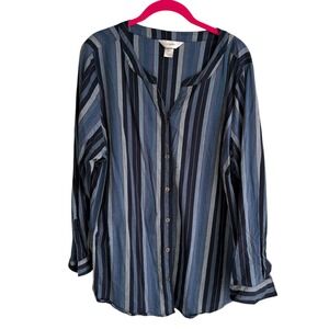 CJ BANKS Denim Blue Striped Collarless Ladies Button Down Top, 2X